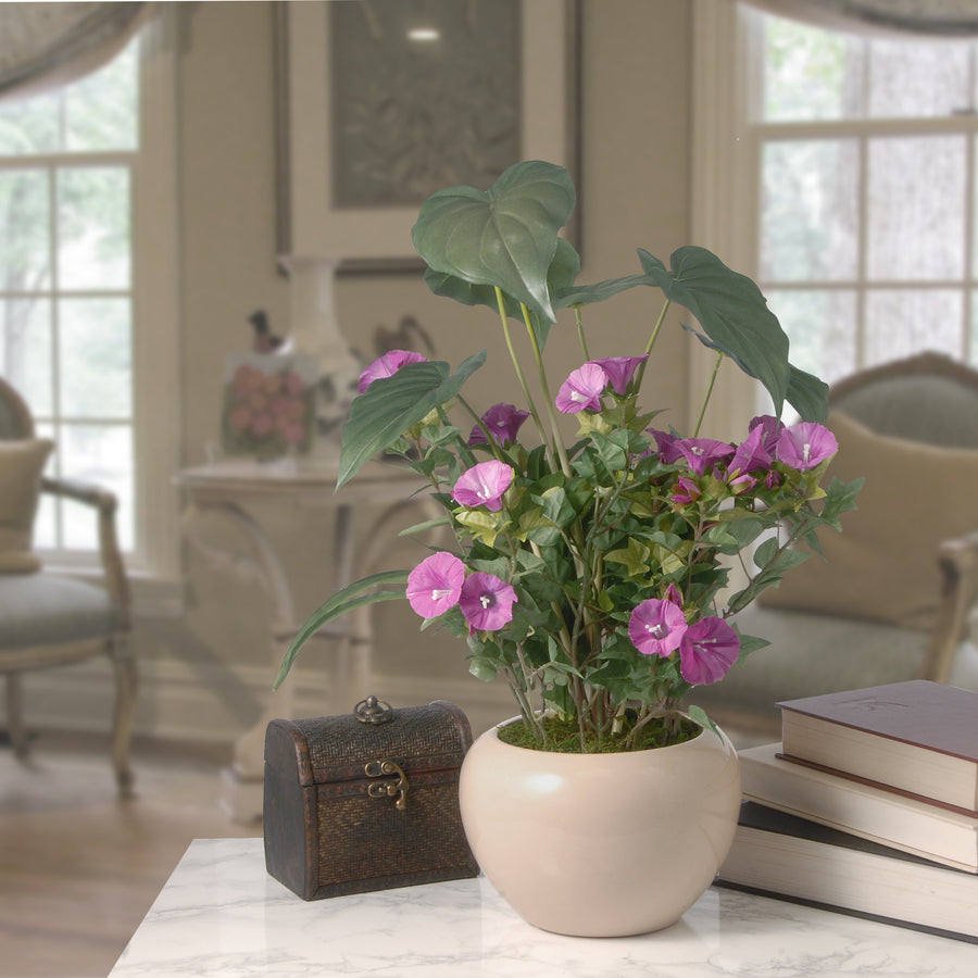 18 in. Spring Purple Flower Blooms Potted Plant in a Cream Ceramic Pot