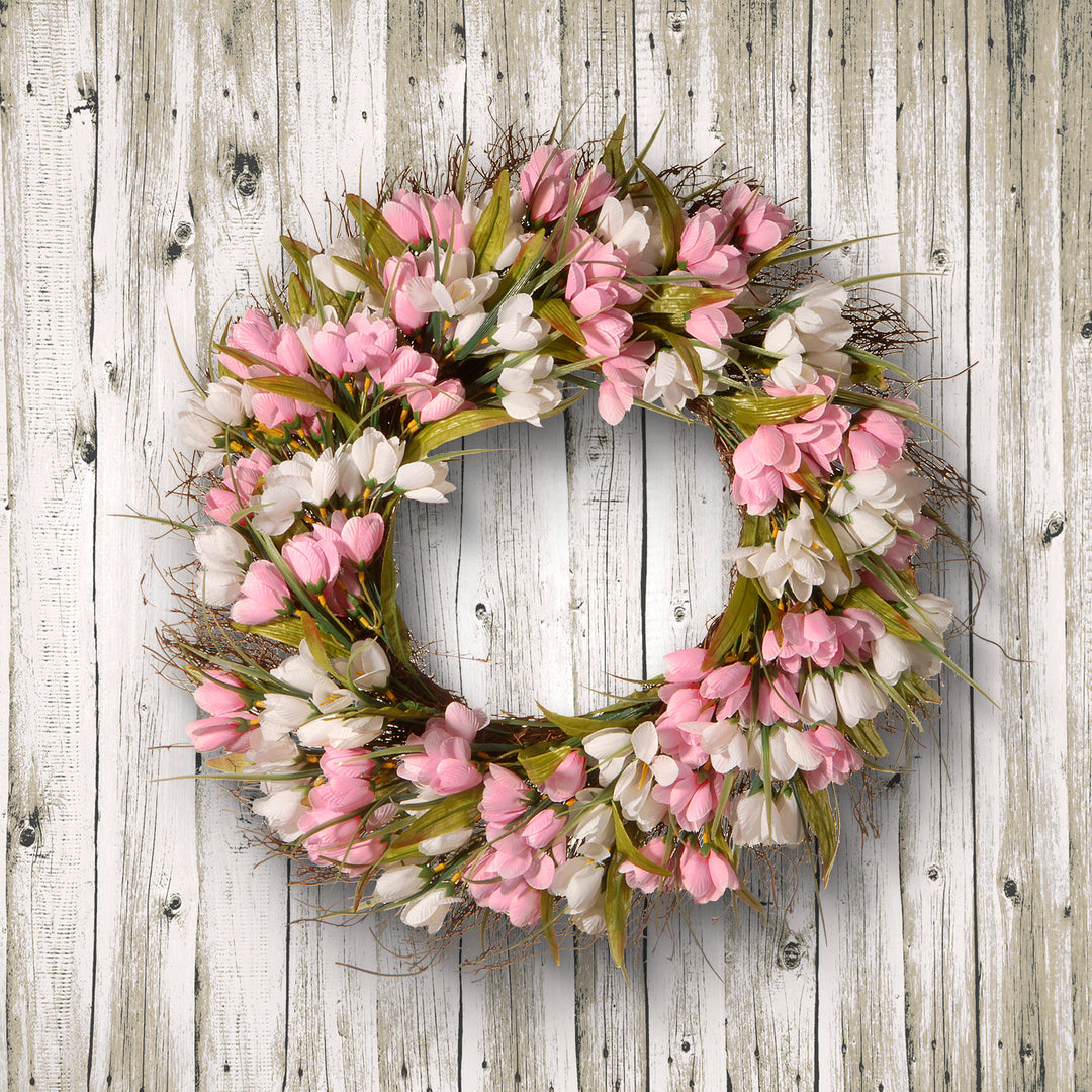 Artificial Hanging Wreath, Woven Branch Base, Decorated with Pink and White Tulips, Flowing Green Stems, Spring Collection, 21 Inches