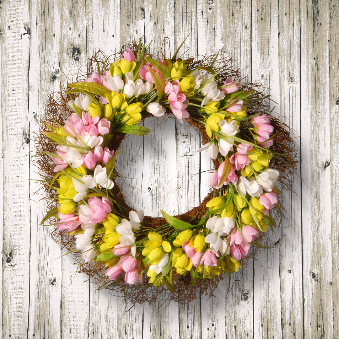 Artificial Hanging Wreath, Woven Branch Base, Decorated with Pink, Yellow and White Tulips, Flowing Green Stems, Spring Collection, 21 Inches