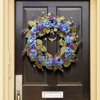 Artificial Hanging Wreath, Woven Branch Base, Decorated with Blue Hydrangea Blooms, Purple Flowers, Flowing Green Stems, Spring Collection, 32 Inches - National Tree Company