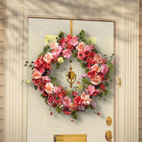 Artificial Hanging Wreath, Woven Branch Base, Decorated with Pink and Peach Rose Blooms, Red Dahlias, Flowing Green Stems, Spring Collection, 32 Inches - National Tree Company