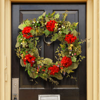 Artificial Hanging Wreath, Woven Branch Base, Decorated with Red Flower Blooms, Flowing Green Stems, Spring Collection, 32 Inches - National Tree Company