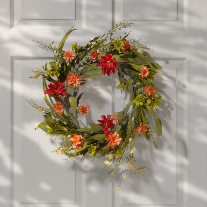 Artificial Hanging Wreath, Woven Vine Stem Base, Decorated with Red, Green and Pink Wildflower Blooms, Flowing Green Stems, Spring Collection, 22 Inches