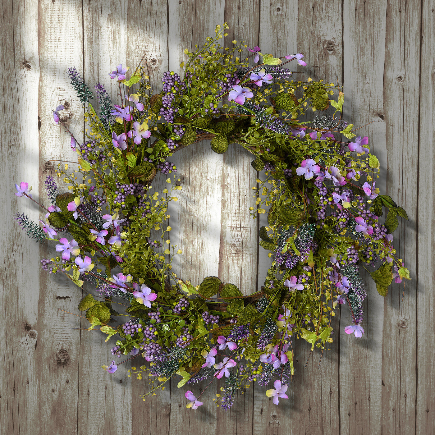 Artificial Hanging Wreath Woven Branch Base, Decorated with Lavender Flower Blooms, Berry Clusters, Flowing Green Stems, Seed Pods, Spring Collection, 22 Inches - National Tree Company