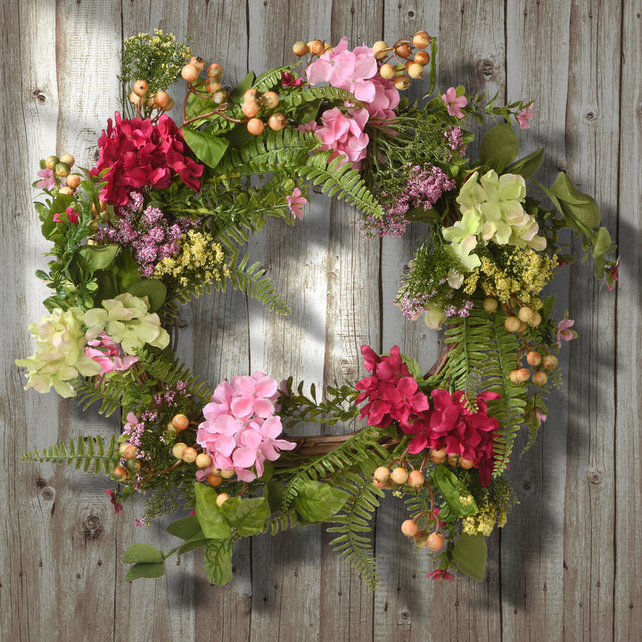 Artificial Hanging Wreath, Woven Branch Base, Red, Pink and Yellow Hydrangea Blooms, Berry Clusters, Wild Flowers, Fern Fronds, Spring Colelction, 22 Inches