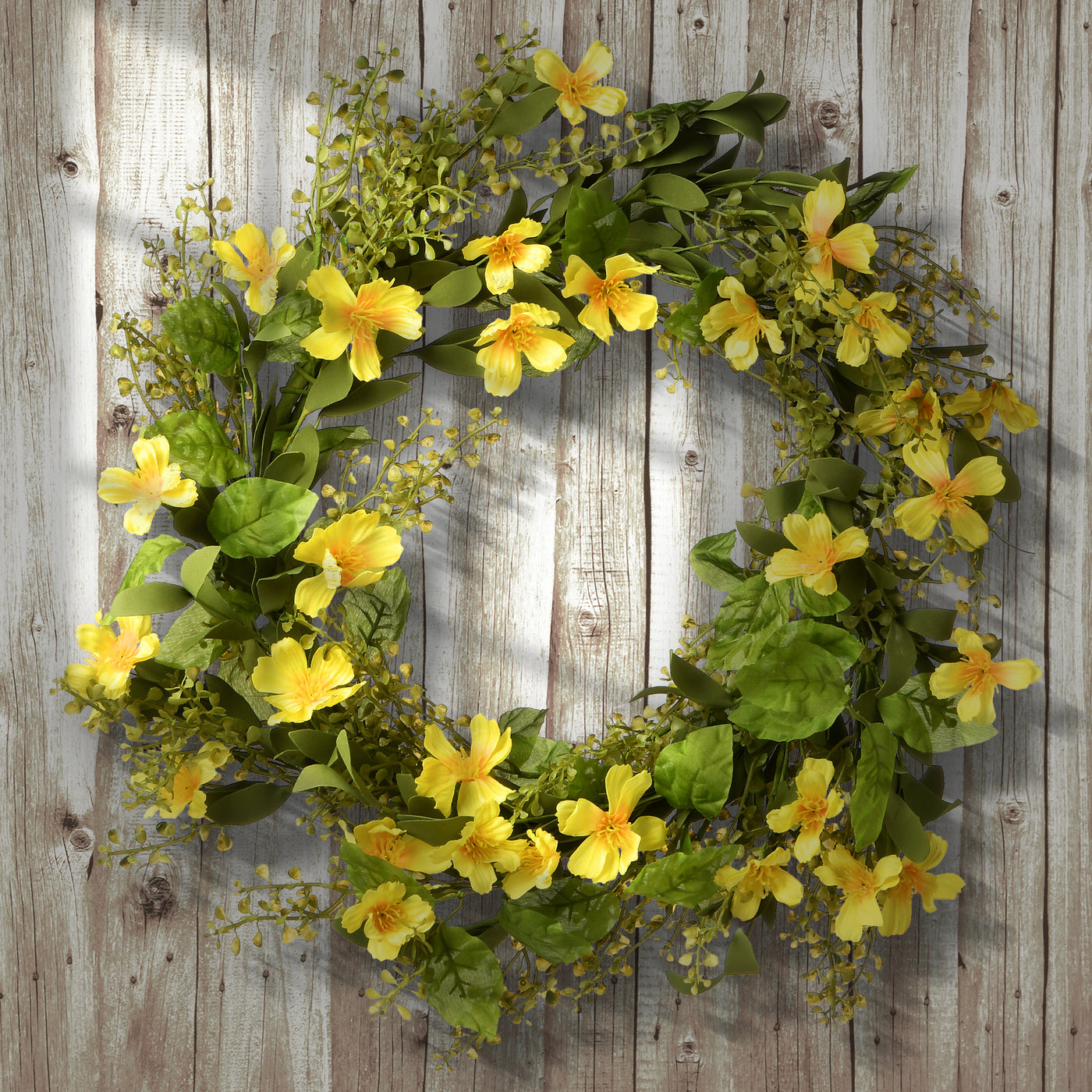 Artificial Hanging Wreath, Woven Vine Stem Base, Decorated with Yellow Cosmos Flower Blooms, Flowing Green Stems, Spring Collection, 22 Inches - National Tree Company