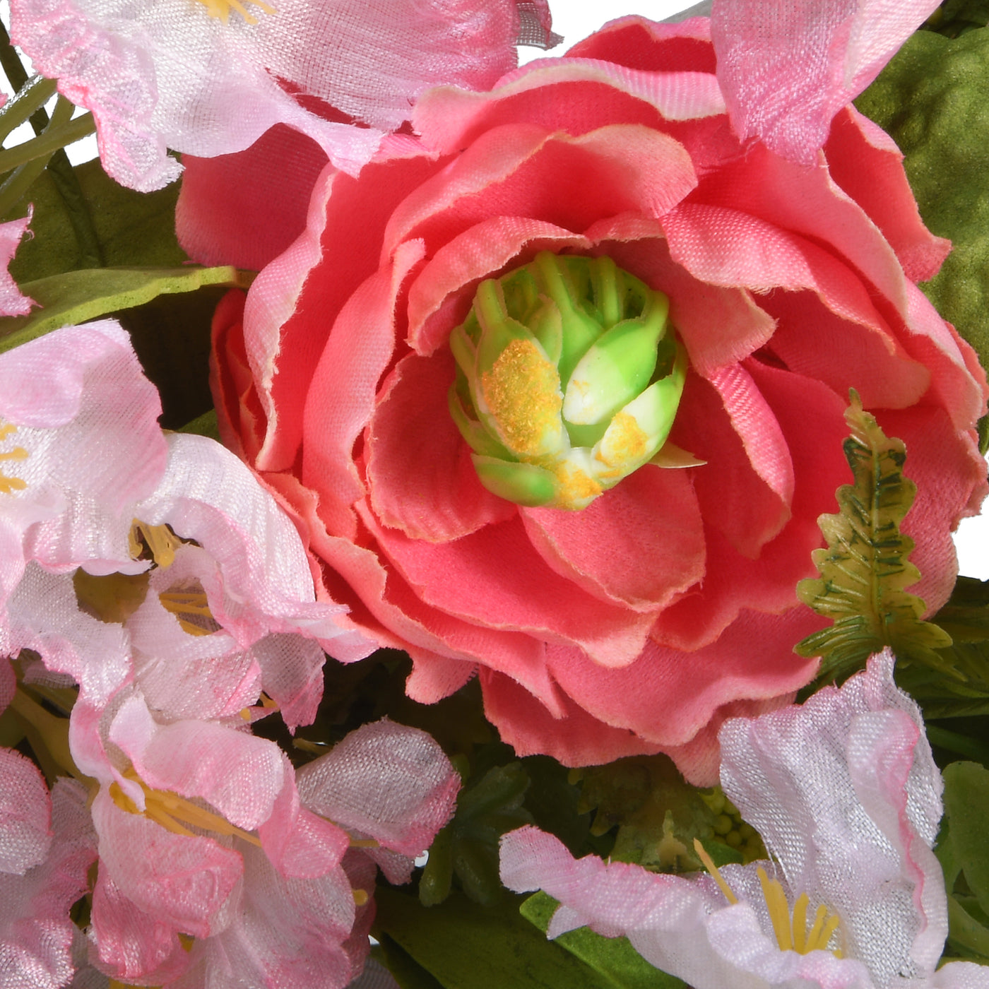 Artificial Hanging Wreath, Woven Branch Base, Decorated Red and Pink Flower Blooms, Yellow Berry Clusters, Fern Fronds, Spring Collection, 20 Inches - National Tree Company