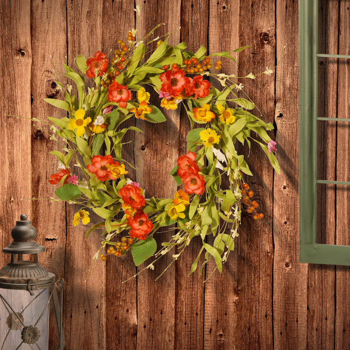 Artificial Hanging Wreath, Woven Vine Stem Base, Decorated with Flower Blooms, Leafy Greens, Berry Clusters, Spring Collection, 22 Inches