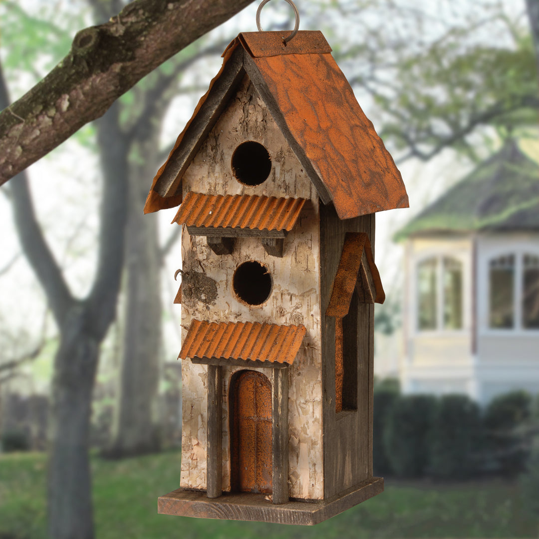 Bird House Hanging Decoration, Wooden Construction with Distressed Metal Roof, Metal Window Awnings, Includes Hanging Loop, Spring Collection, 13 Inches