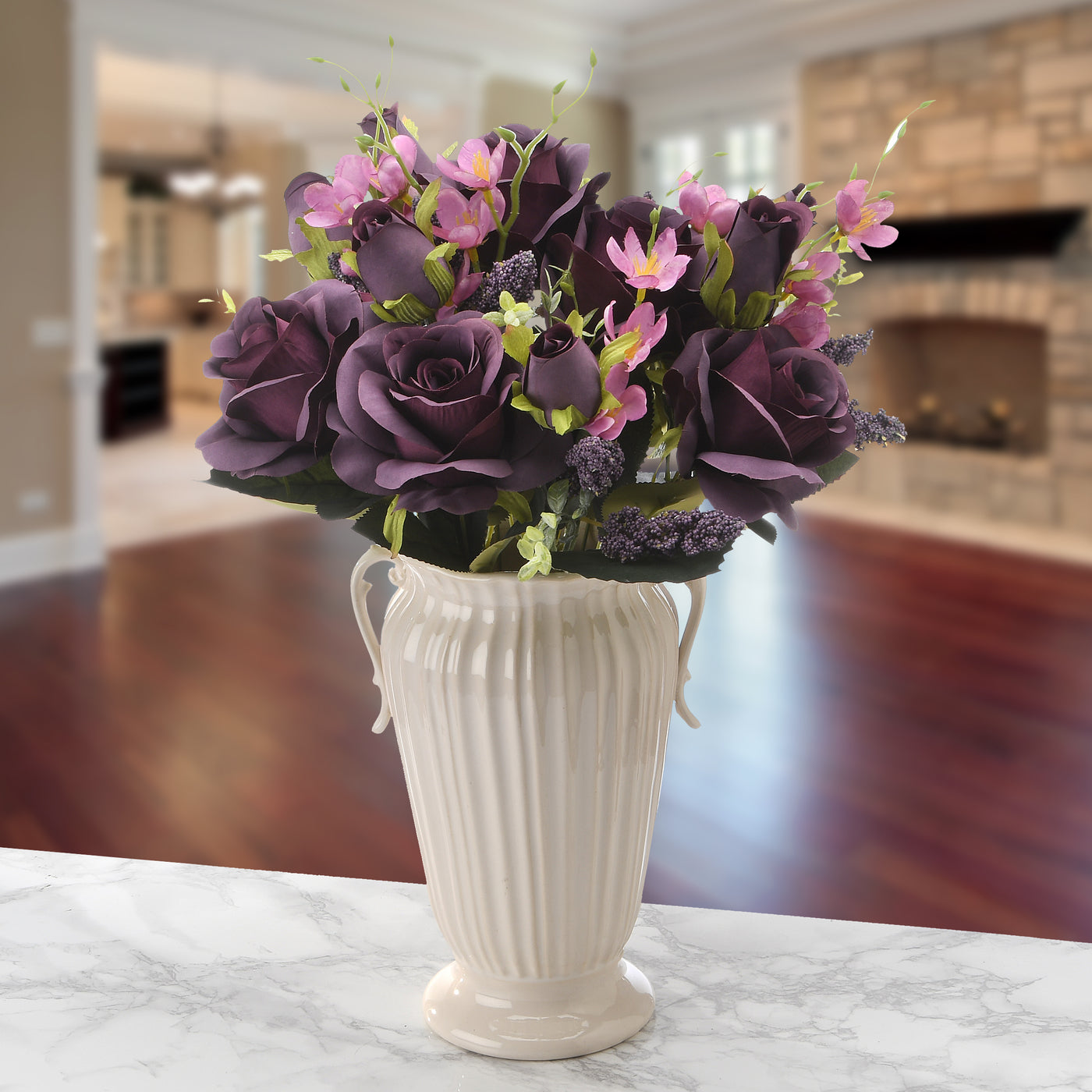 19 in. Spring Floral Bouquet with Deep Purple Rose Blooms, Pink Flowers, Seed Pods, Leafy Greens - National Tree Company