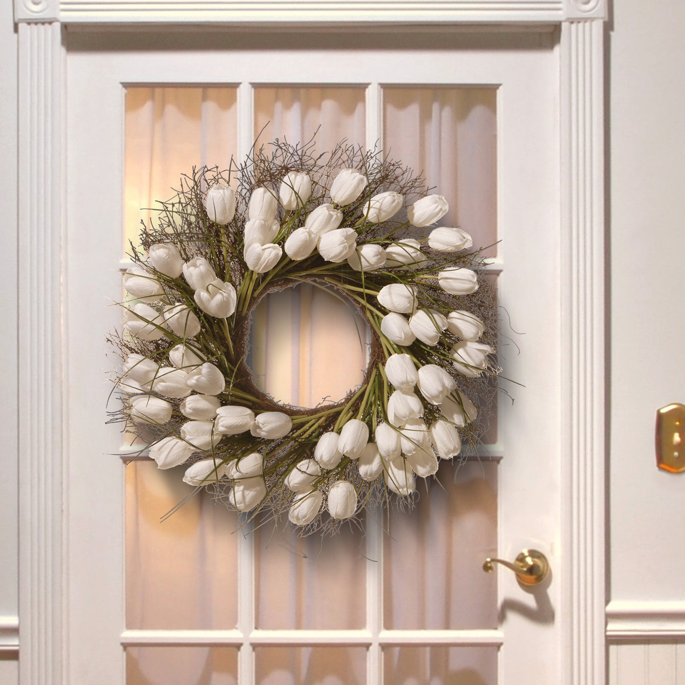 24 in. Spring Wreath with White Tulip Blooms, Flowing Green Stems - National Tree Company