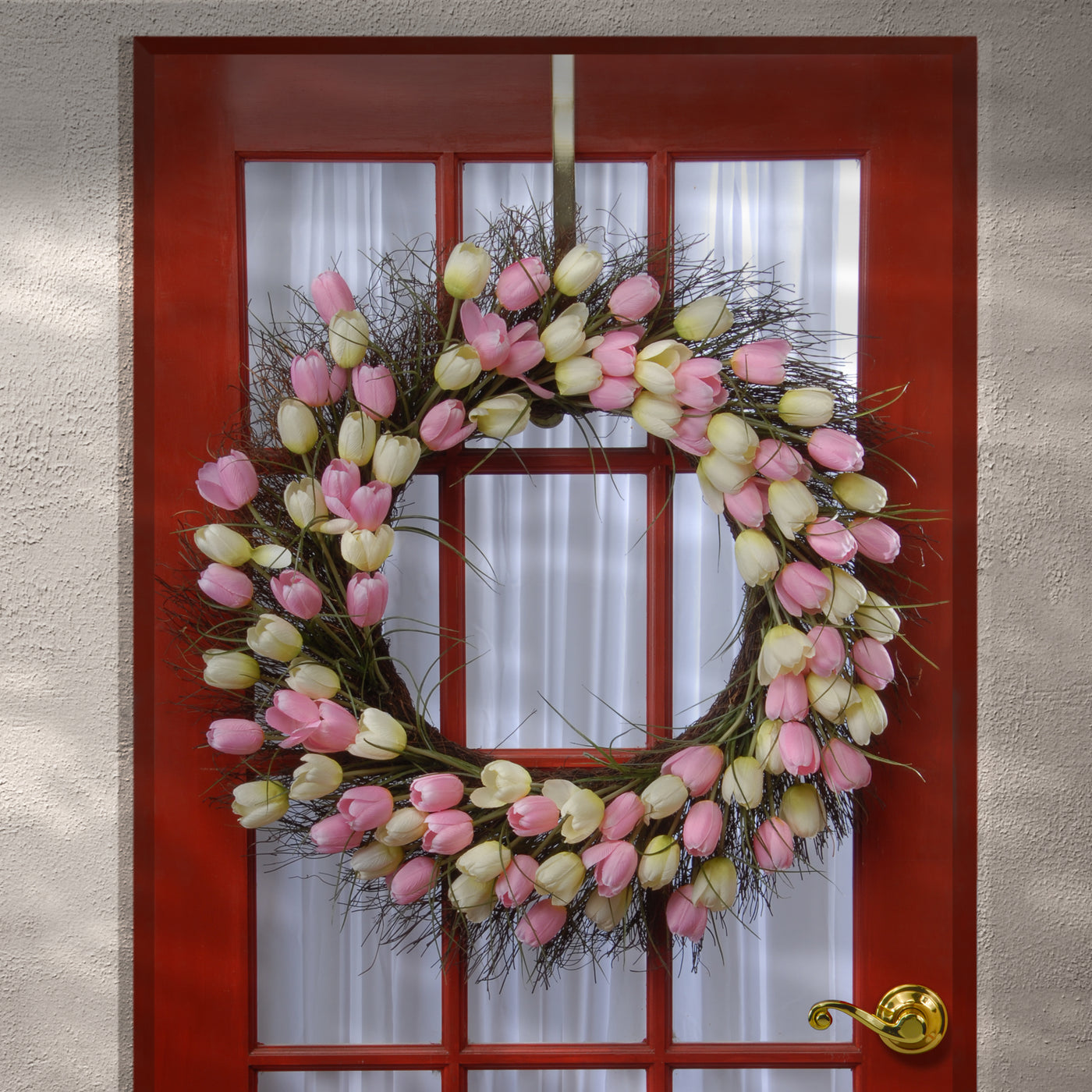 Artificial Hanging Wreath, Woven Branch Base, Decorated with Yellow and Pink Tulip Blooms, Flowing Green Stems, Spring Collection, 32 Inches - National Tree Company