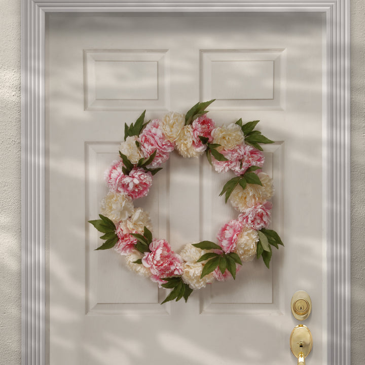 Artificial Hanging Wreath, Woven Branch Base, Decorated with Pink and White Peony Blooms, Leafy Greens, Spring Collection, 24 Inches