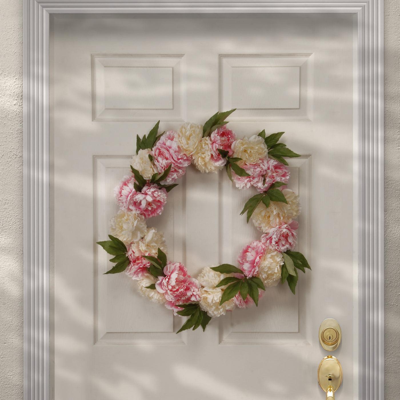 Artificial Hanging Wreath, Woven Branch Base, Decorated with Pink and White Peony Blooms, Leafy Greens, Spring Collection, 24 Inches - National Tree Company