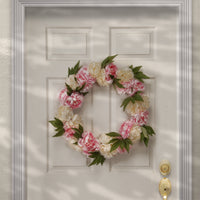 Artificial Hanging Wreath, Woven Branch Base, Decorated with Pink and White Peony Blooms, Leafy Greens, Spring Collection, 24 Inches - National Tree Company