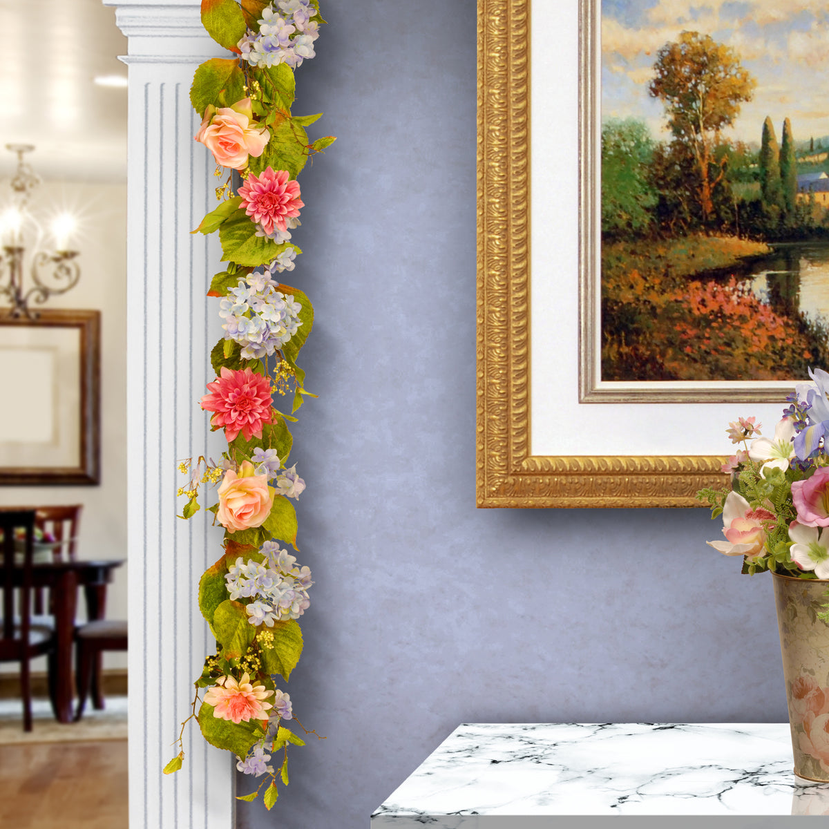 Spring Tree Garland 70 in. Spring Garland with Multicolor Hydrangea, Rose and Dahlia Bloom ...