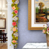 Artificial Hanging Garland, Vine Stem Base, Decorated with Multicolor Hydrangea, Rose and Dahlia Blooms, Berry Clusters, Leafy Greens, Spring Collection, 70 Inches - National Tree Company