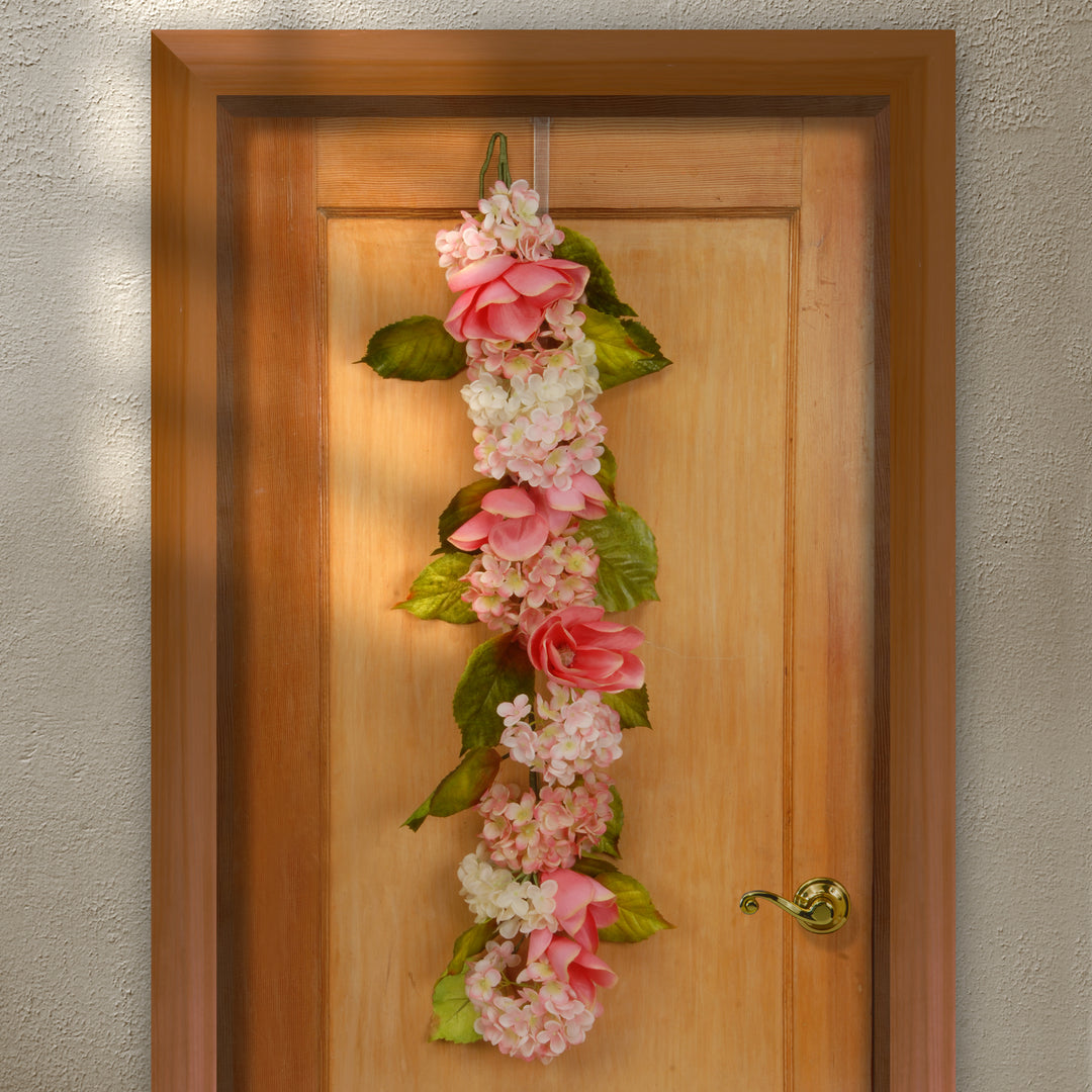 Artificial Hanging Garland, Vine Stem Base, Decorated with White Hydrangea and Pink Rose Blooms, Leafy Greens, Spring Collection, 4 Feet