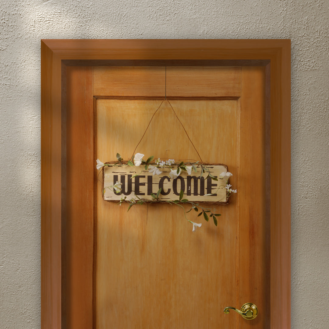 Hanging Welcome Sign, Lightweight Wooden Construction, Decorated with Leafy Vine Trim, Includes Hanging Loop, Spring Collection, 21 Inches