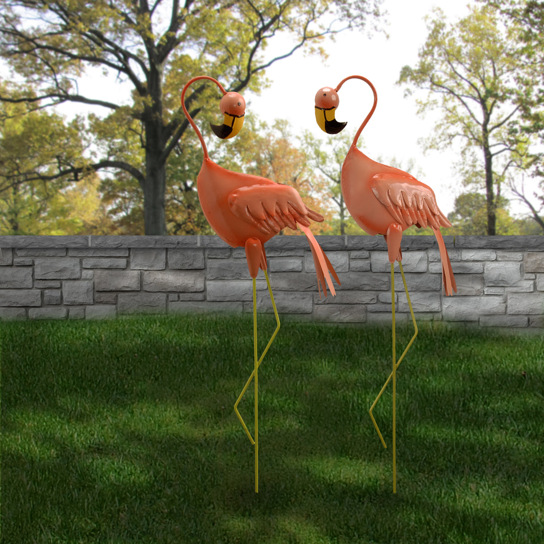 Metal Lawn Decoration, Standing Peach Flamingo, Ornate Metal Design, Spring Collection, 33 Inches