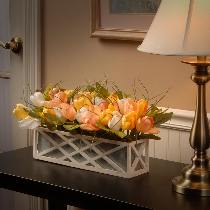 Artificial Planter Box, Decorated with Peach, Yellow and White Tulip Blooms, Leafy Greens, Includes Ornate White Wooden Base, Spring Collection, 10 Inches
