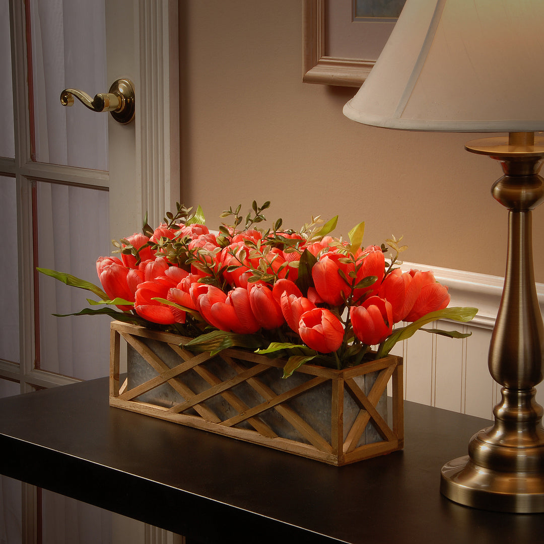 Artificial Planter Box, Decorated with Pink and Red Tulip Blooms, Leafy Greens, Includes Ornate Natural Wooden Base, Spring Collection, 10 Inches