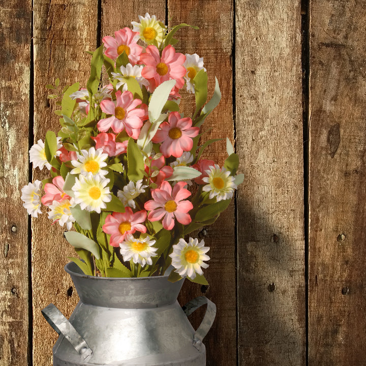Artificial Floral Bouquet, Woven Branch Base, Decorated with Pink and White Daisy Flowers, Spring Collection, 16 Inches