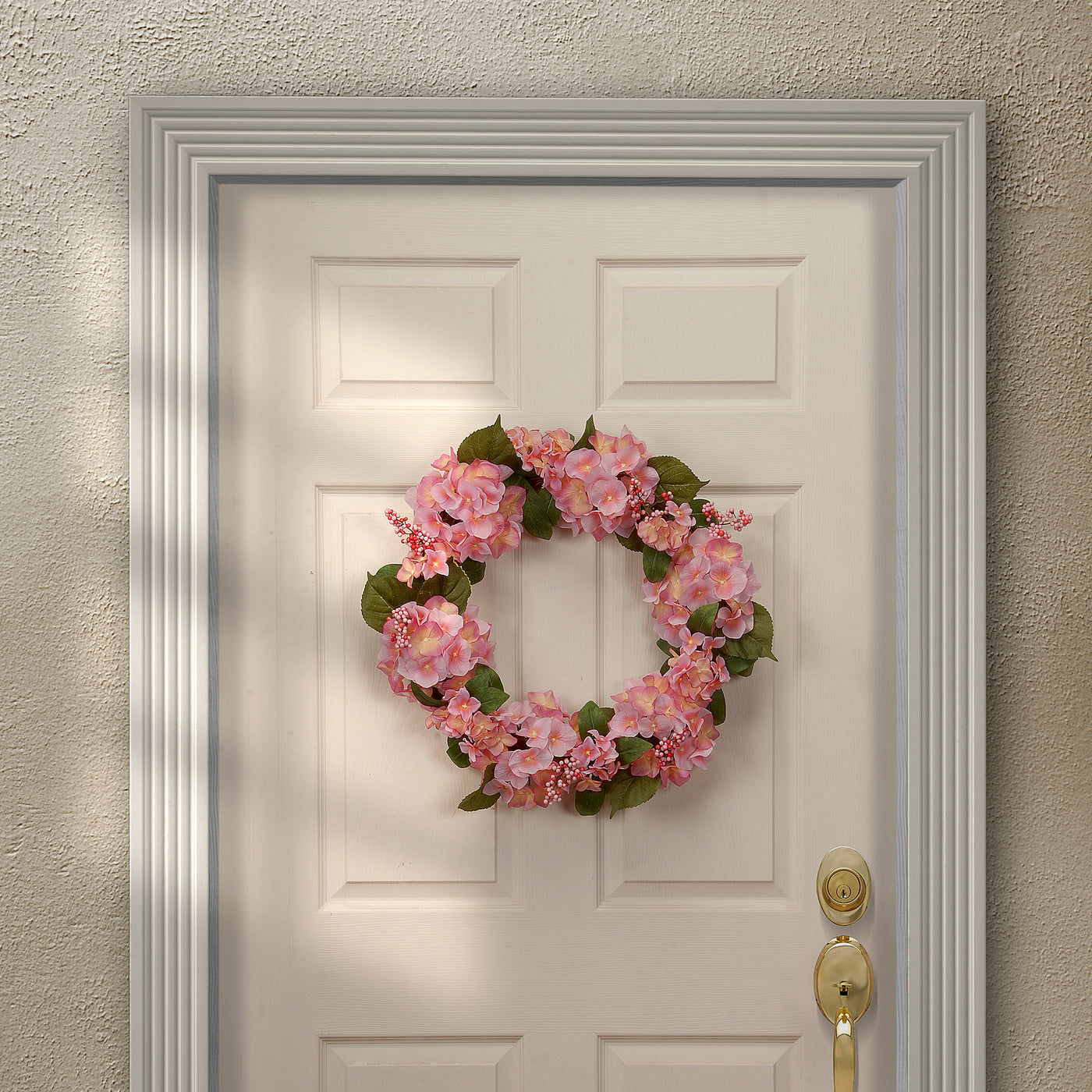 Artificial Hanging Wreath, Woven Branch Base, Decorated with Pink Hydrangea Blooms, Berry Clusters, Leafy Greens, Spring Collection, 24 Inches - National Tree Company