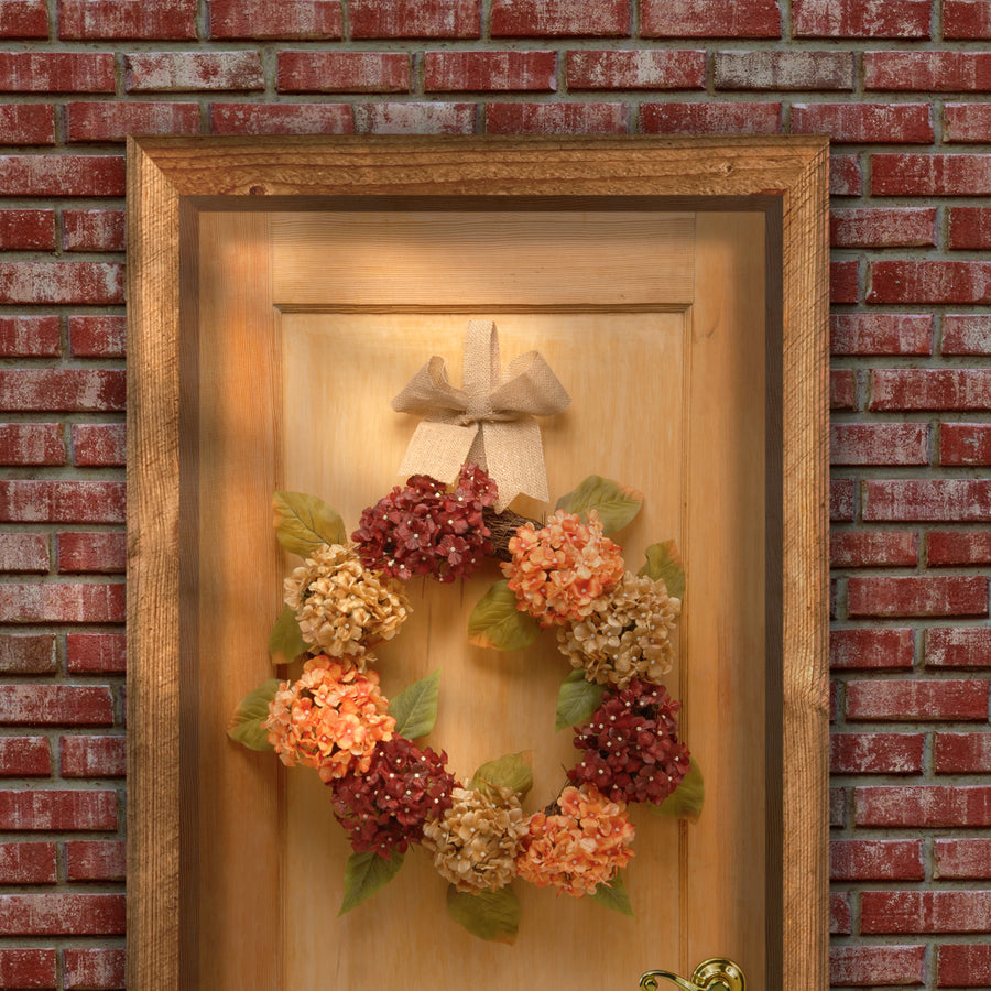 24 in. Fall Wreath with Hydrangeas, Elm Leaves, Burlap Ribbon