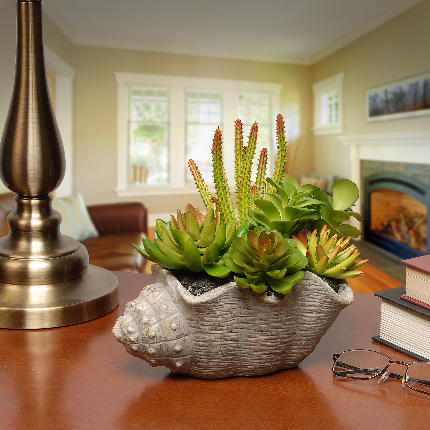 clamshell succulents 11 in. Spring Potted Plant with Various Green and Orange Succulents in a Stylish Conch Shell Cement Pot