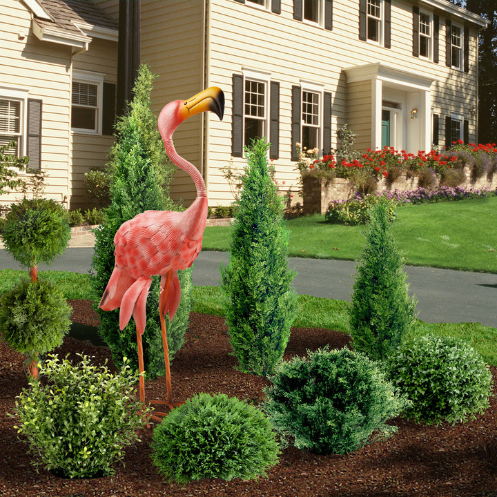 Metal Lawn Decoration, Standing Pink Flamingo, Ornate Metal Design, Spring Collection, 32 Inches