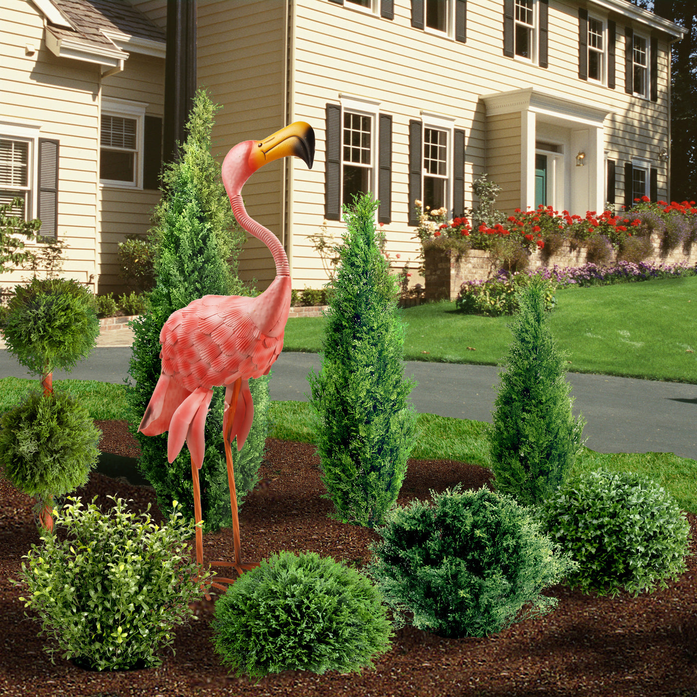 Metal Lawn Decoration, Standing Pink Flamingo, Ornate Metal Design, Spring Collection, 32 Inches - National Tree Company