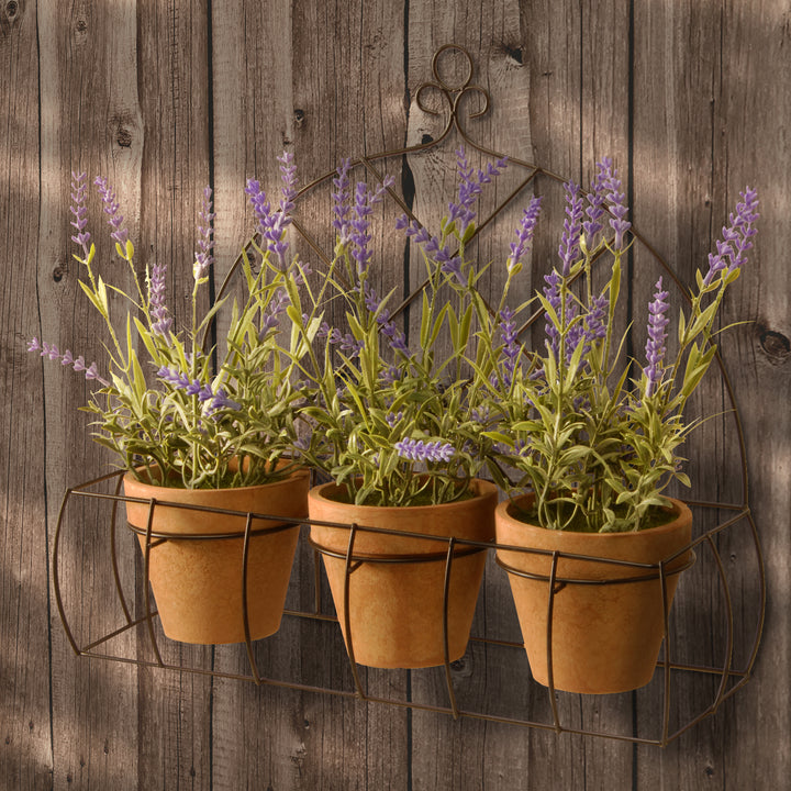 Artificial Potted Plants in Metal Holder, Decorated with Lavender Plants, Classic Pot Bases, Ornate Metal Holder, 3 Plants, Spring Collection, 13 Inches