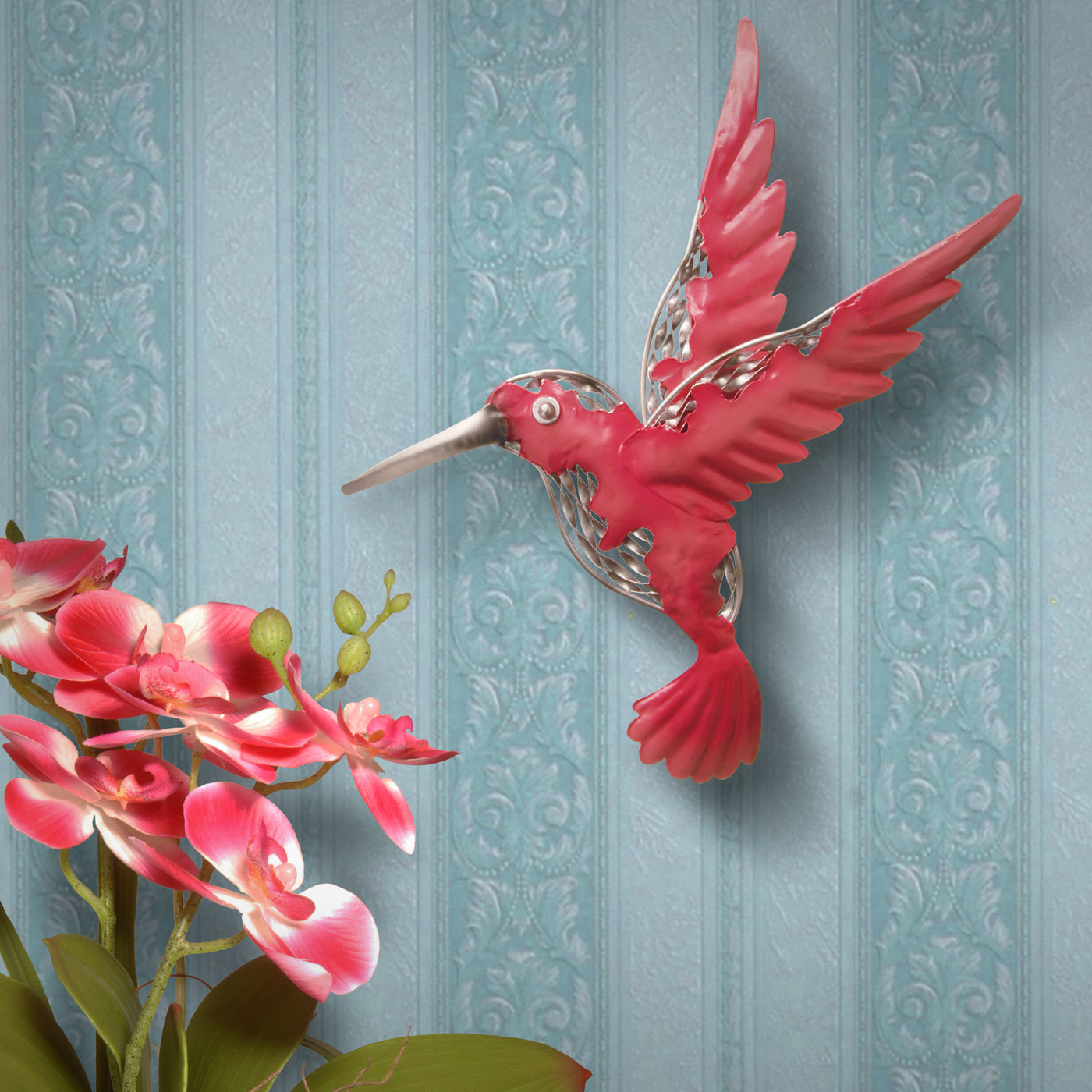 Metal Wall Decoration, Majestic Pink Bird, Ornate Metal Design, Spring Collection, 14 Inches - National Tree Company