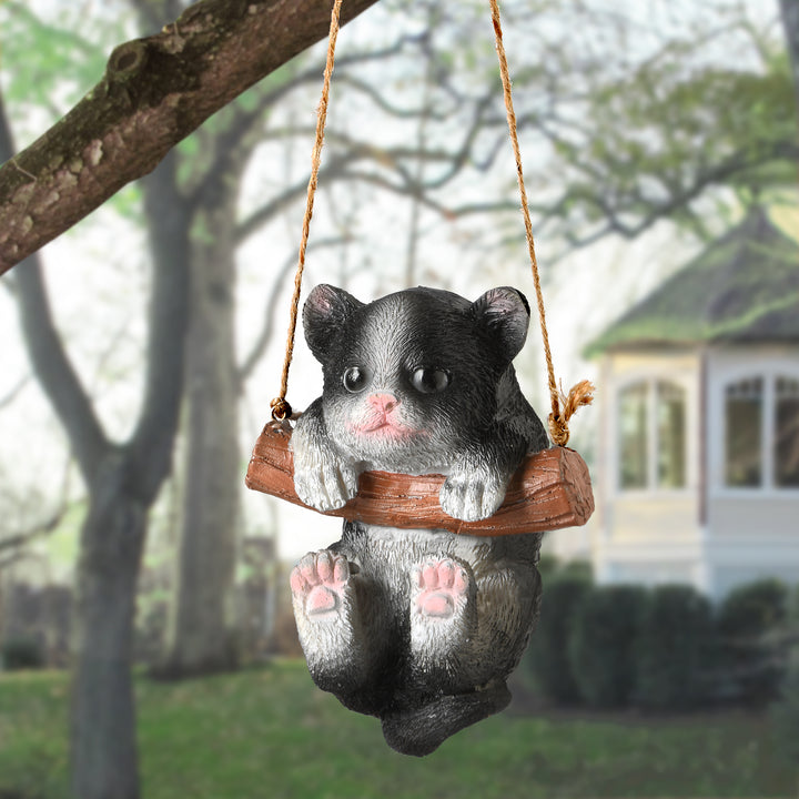 Black Kitten Hanging Decoration, Black and White, Includes Hanging String, Spring Collection, 5 Inches
