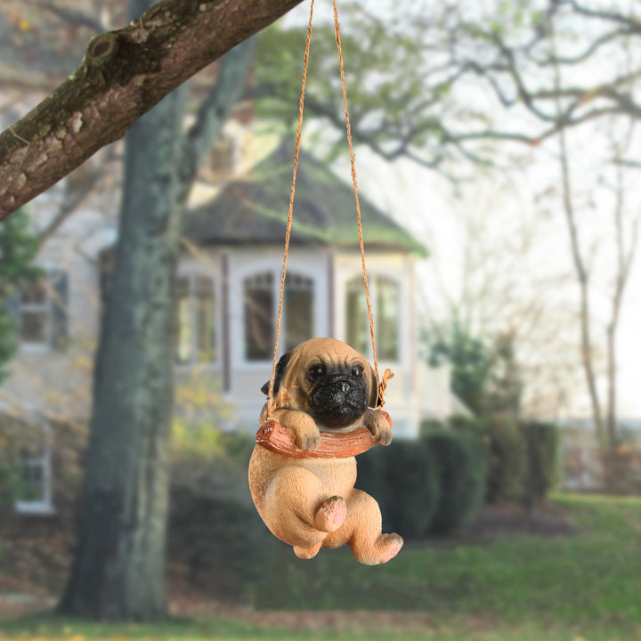Hanging Wall Decoration, Pug Puppy on Wooden Branch, Includes Hanging Loop, Spring Collection, 5 Inches