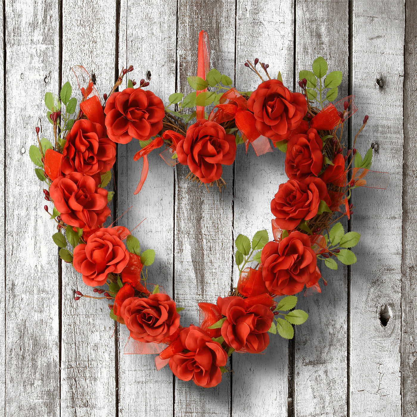 Artificial Valentine's Floral Heart Wreath, Red, Decorated with Roses, Flower Blooms, Berry Clusters, Valentine's Day Collection, 16 Inches - National Tree Company