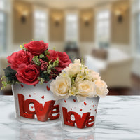 'LOVE' Tin Pots, White, Decorated with Red Hearts, Valentine's Day Collection, Pack of 2 - National Tree Company