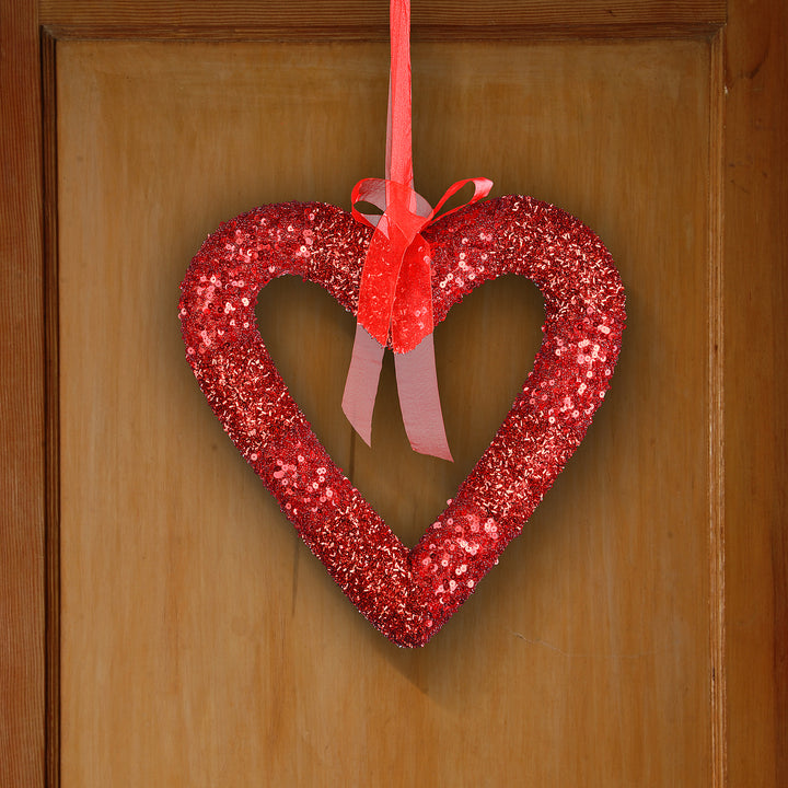 Valentine's Heart Hanging Decoration, Red, Decorated with Red Sequins, Valentine's Day Collection, 11 Inches