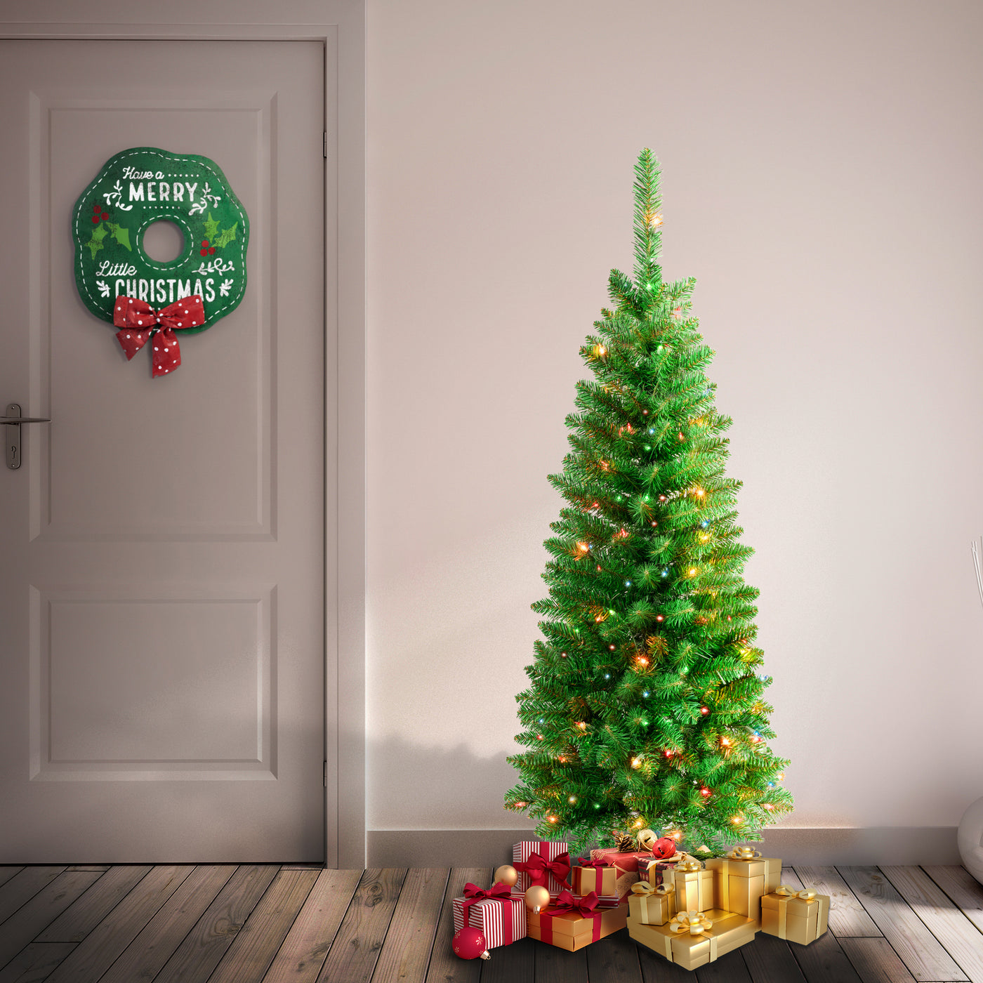 4.5 ft. Pre-Lit Rowan Pencil Slim Tree with Multicolor Lights - National Tree Company