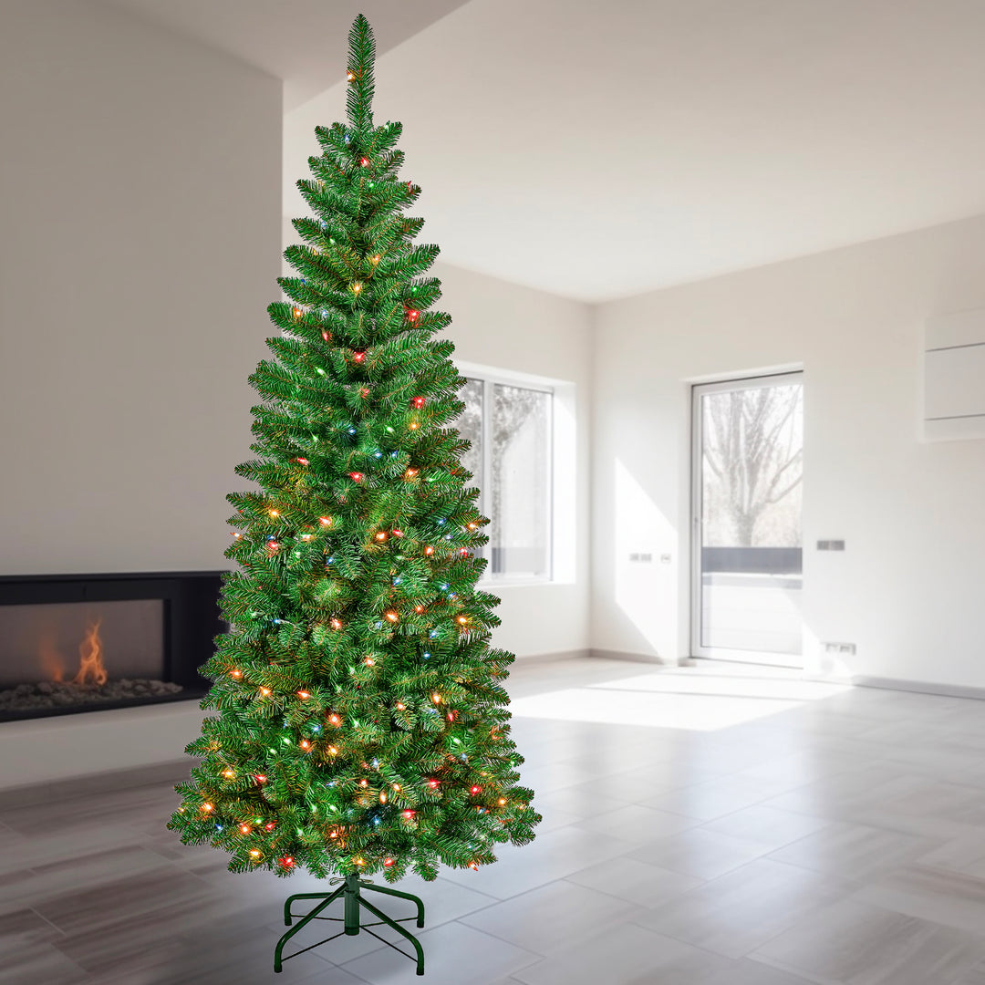First Traditions Pre-Lit Rowan Pencil Slim Christmas Tree, Multicolor Incandescent Lights, Plug In, 6 ft