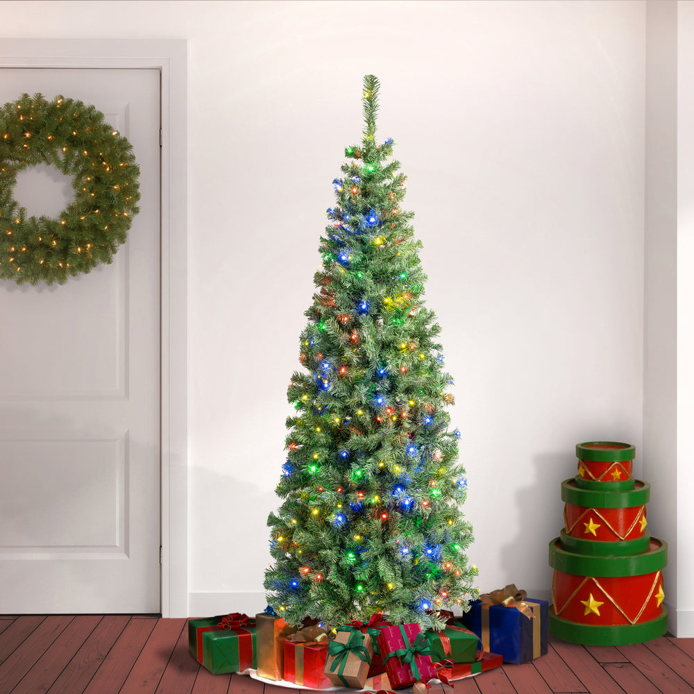 Led Tree Round Plug Shape 6 ft. Pre-Lit Sagamore Slim Tree with Multi LED Lights, Plug-In ...