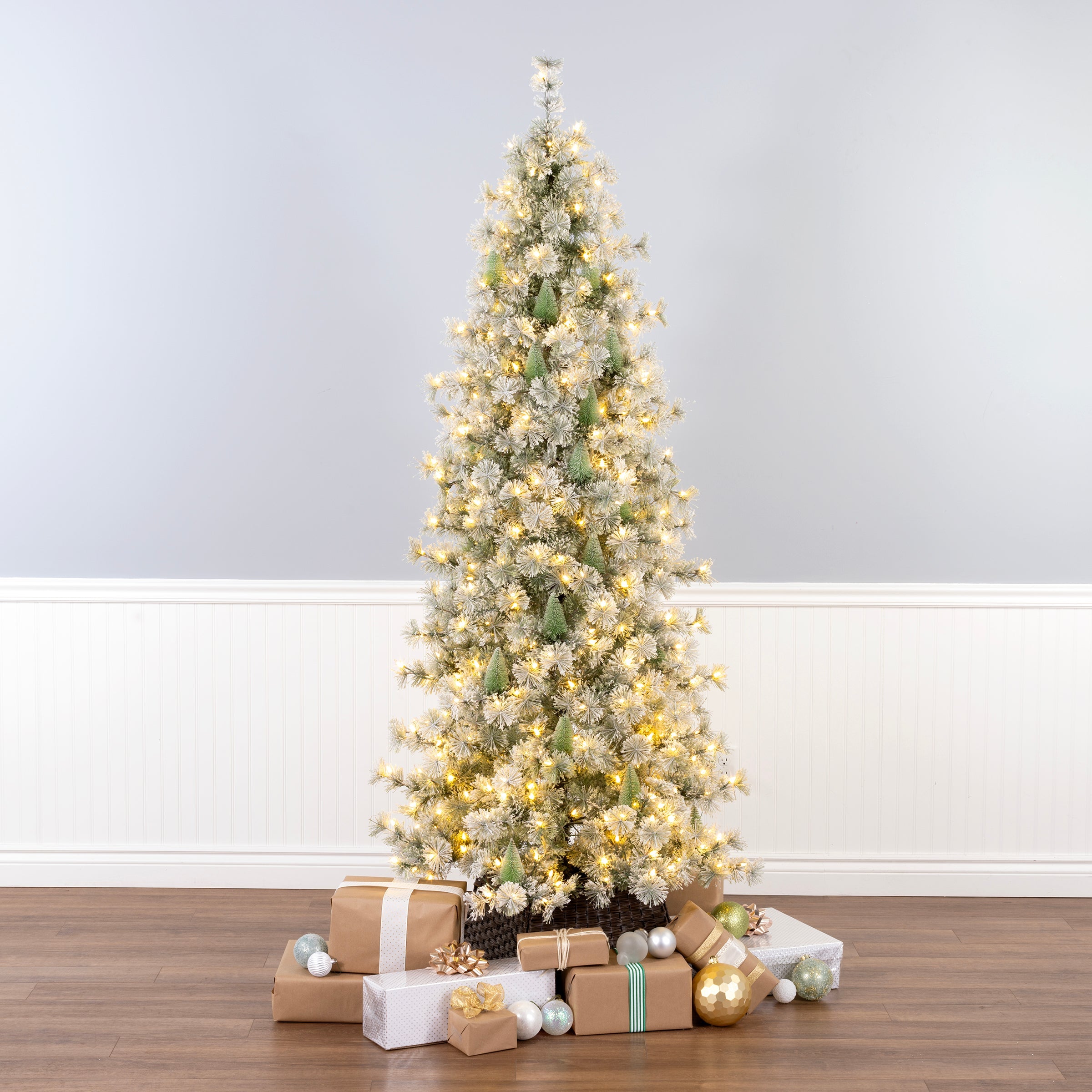 7.5 ft. Pre-Lit Snowy Bottle Brush Slim Tree with Clear Lights