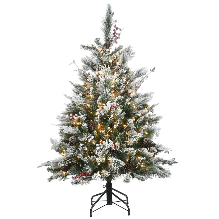 Pre-Lit Artificial Christmas Tree, Snowy Bedford Pine, Green, Decorated with Frosted Branches, Pine Cones, White Lights, Includes Stand, 4.5 Feet