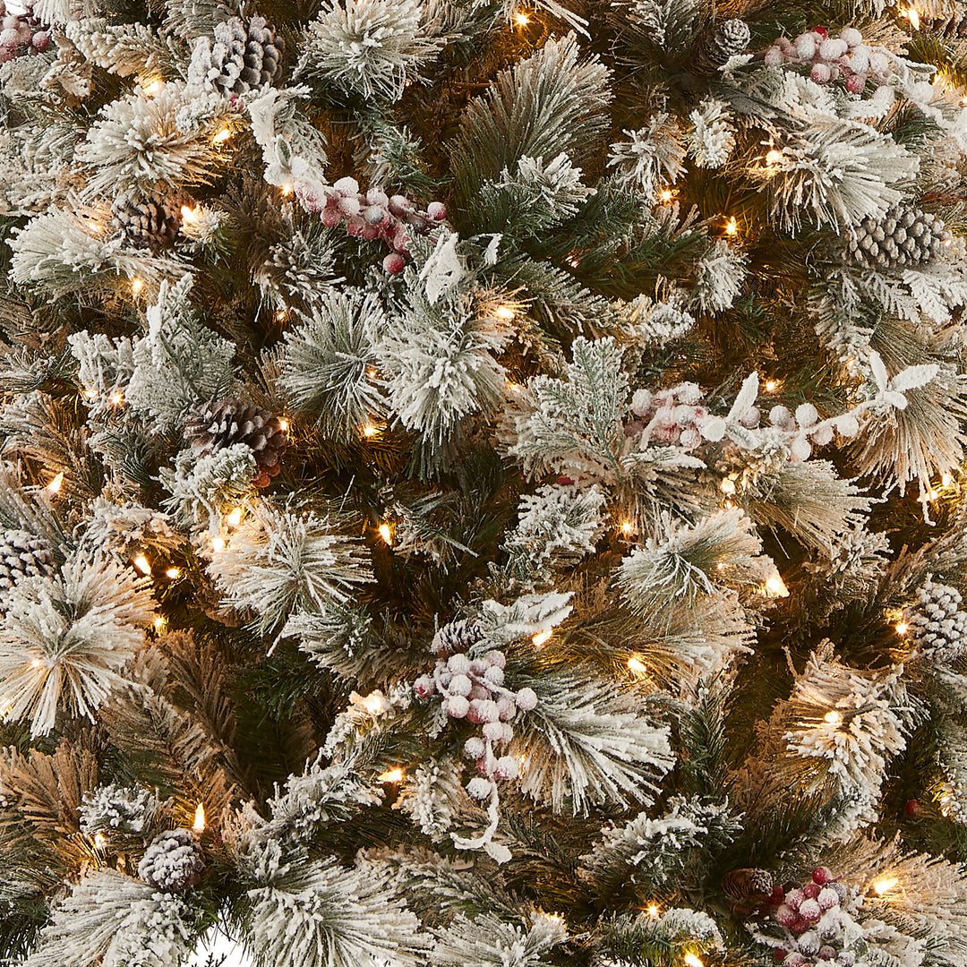Pre-Lit Artificial Christmas Tree, Snowy Bedford Pine, Decorated with Frosted Branches, Pine Cones, Green, White Lights, Includes Stand, 7.5 Feet