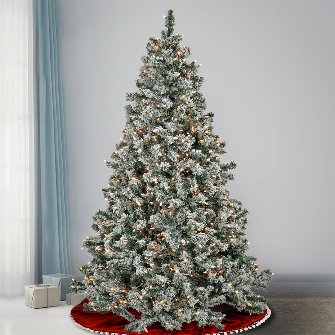 Artificial Snowy Crestview Hinged Christmas Tree, Pre-Lit with Clear Incandescent Lights, Plug In, 7.5ft