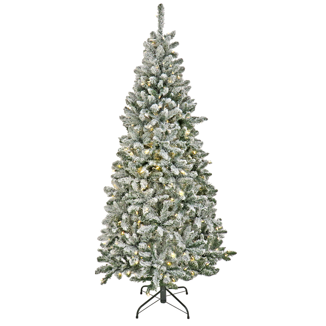 Artificial Snowy Chatham Slim Hinged Christmas Tree 3, Pre-Lit with PowerConnect Dual Colored LED Lights, Plug In, 6.5 ft