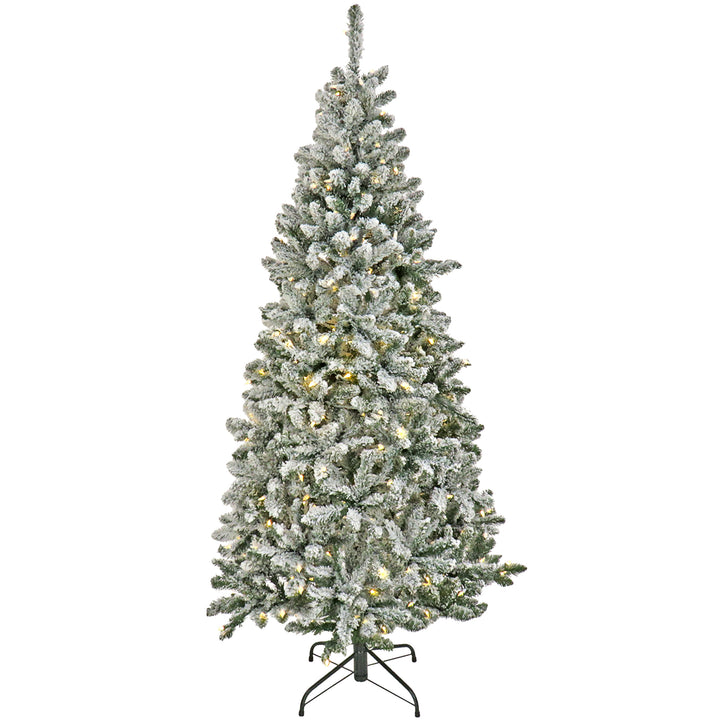 Artificial Snowy Chatham Slim Hinged Christmas Tree, Pre-Lit with PowerConnect Dual Colored LED Lights, Plug In, 9 ft