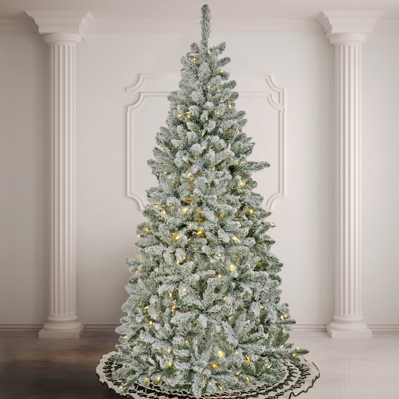 9 ft. Pre-Lit Snowy Chatham Slim Tree with PowerConnect Warm White LED Lights, - National Tree Company