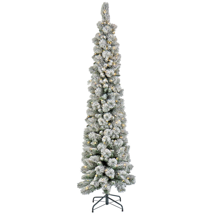 Pre-Lit Artificial Christmas Tree, Snowy Methow Pencil Slim, with Warm White LED Lights, Plug in, 7 ft